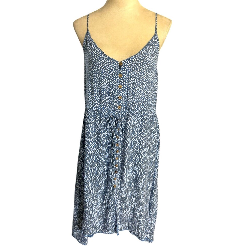 Brovave Womens Midi Sundress Blue Polka Dot Print Blouson Button Front Hi Low M
